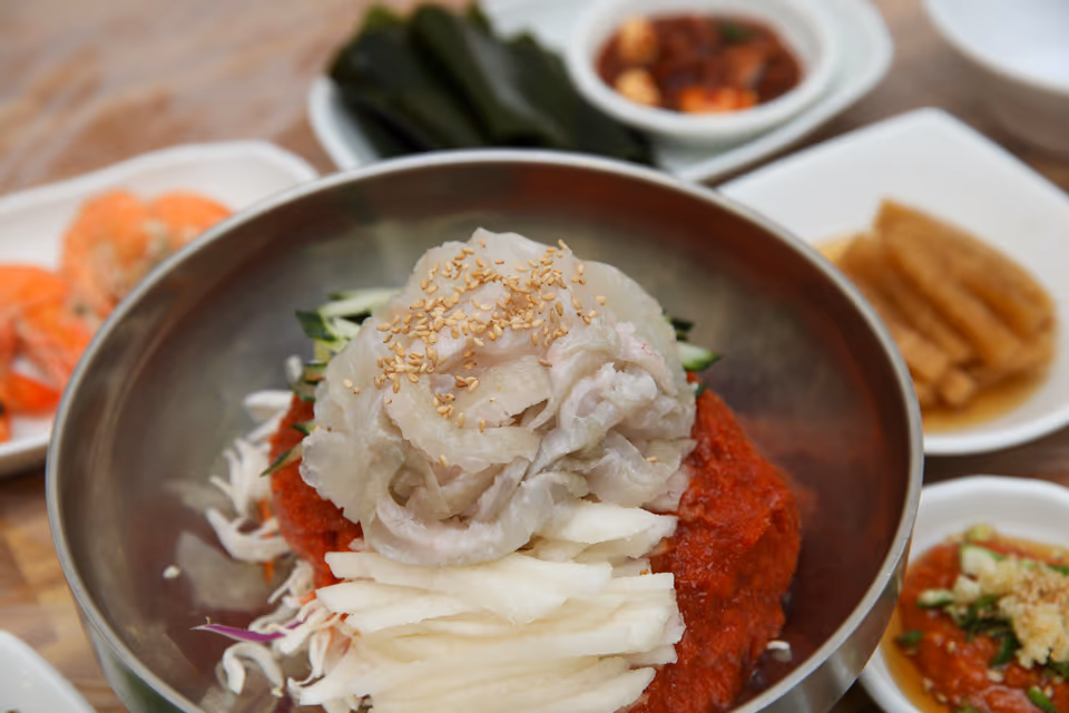 육수를 붓기 전 스테인리스 대접에 담긴 물회, 붉은 초고추장 양념 위에 흰살 회와 채 썬 배·오이·양배추가 올라간 상태