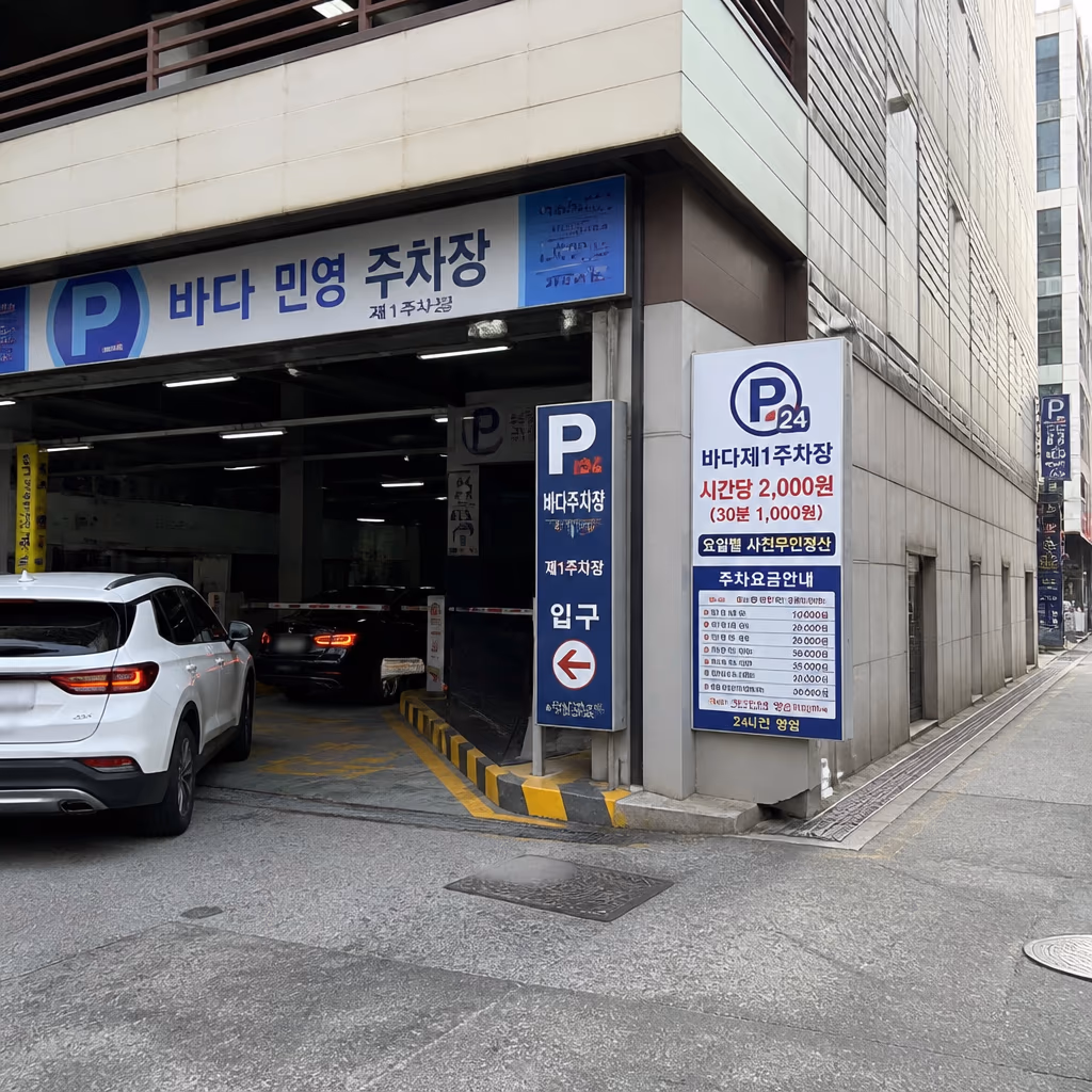 남포동 BIFF광장 인근 사설주차장 입구, 시간당 요금 안내 간판