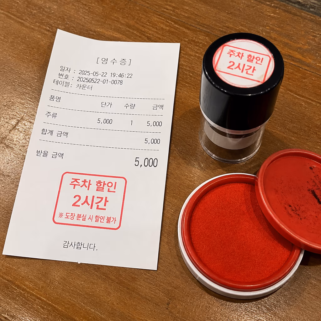 주차 할인 도장이 찍힌 영수증, 식당 카운터에서 받는 장면
