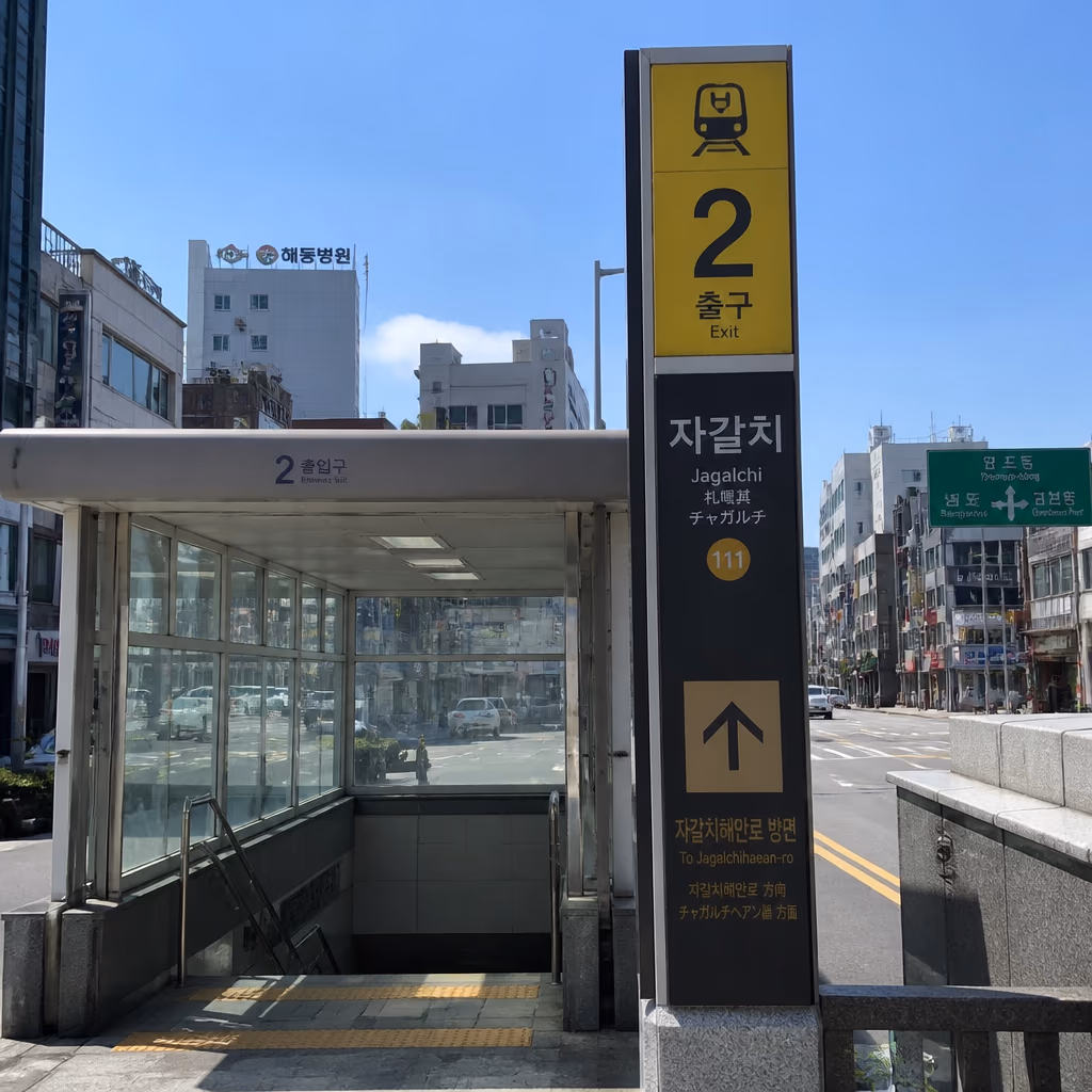 자갈치역 2번 출구 표지판, 지상으로 올라오는 계단과 자갈치해안로 방향 화살표