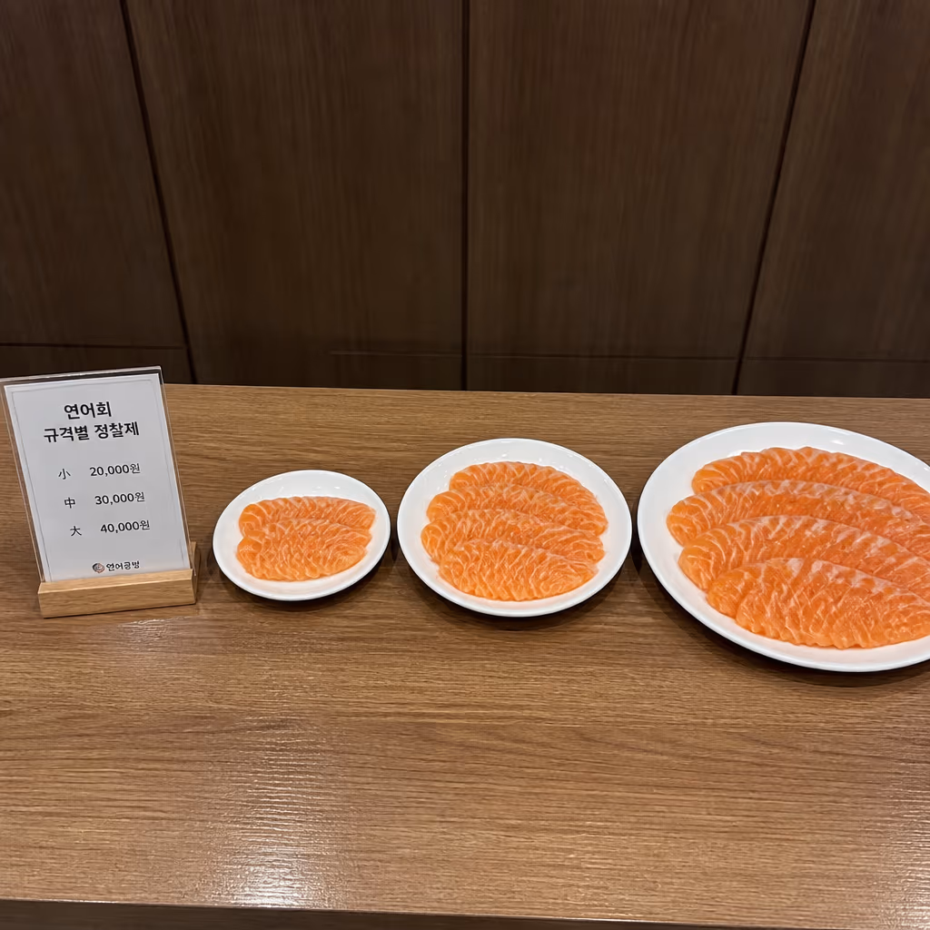 수정횟집 실내 벽 메뉴 사진, 연어회·낙지탕탕이·한치물회가 가격과 함께 표시된 안내판