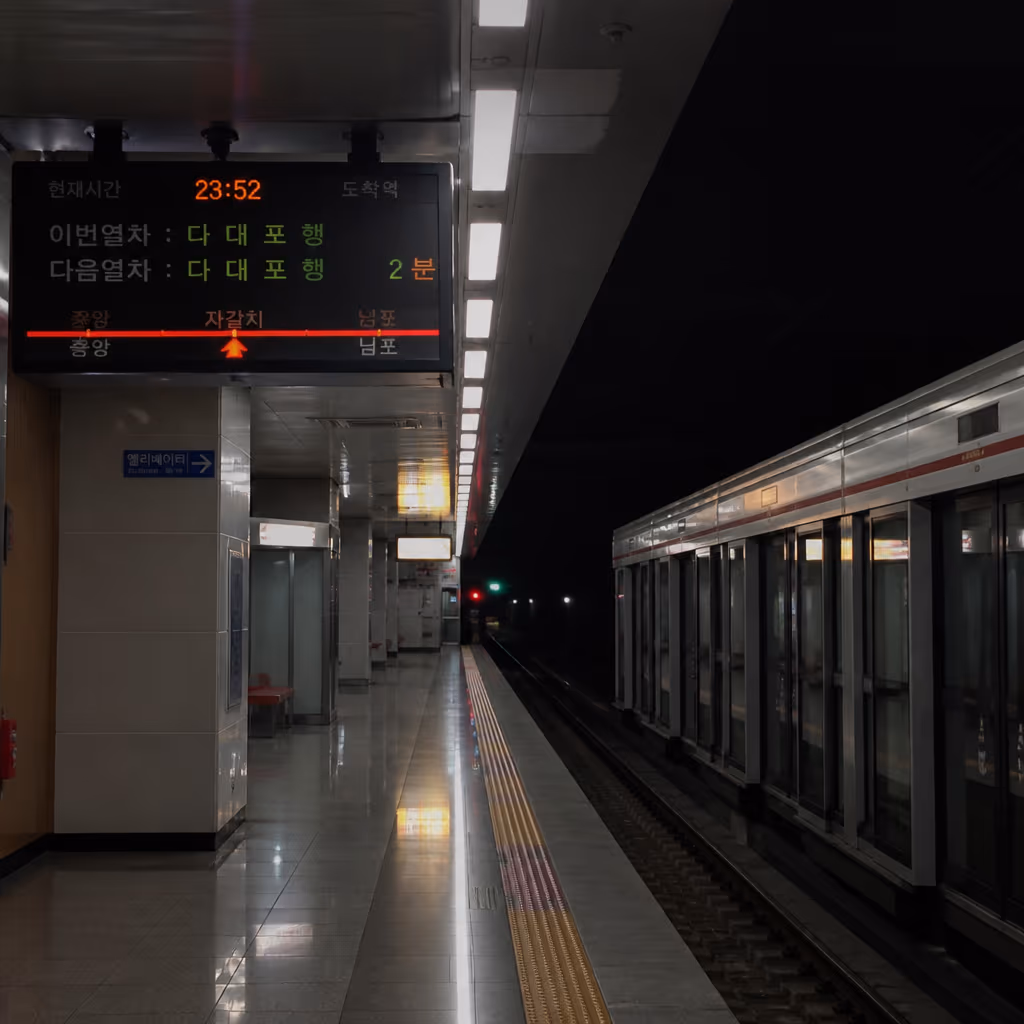 자갈치역 1호선 승강장 심야 분위기, 막차 안내 전광판이 켜진 텅 빈 플랫폼 (AI 컨셉 이미지)