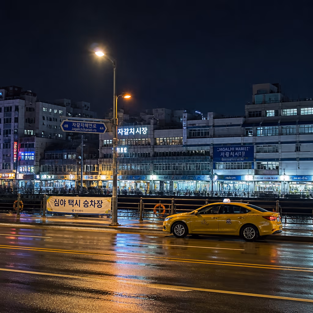 자갈치해안로 심야 택시 승차장 컨셉, 노란 택시가 대로변에 정차한 밤 풍경 (AI 컨셉 이미지)