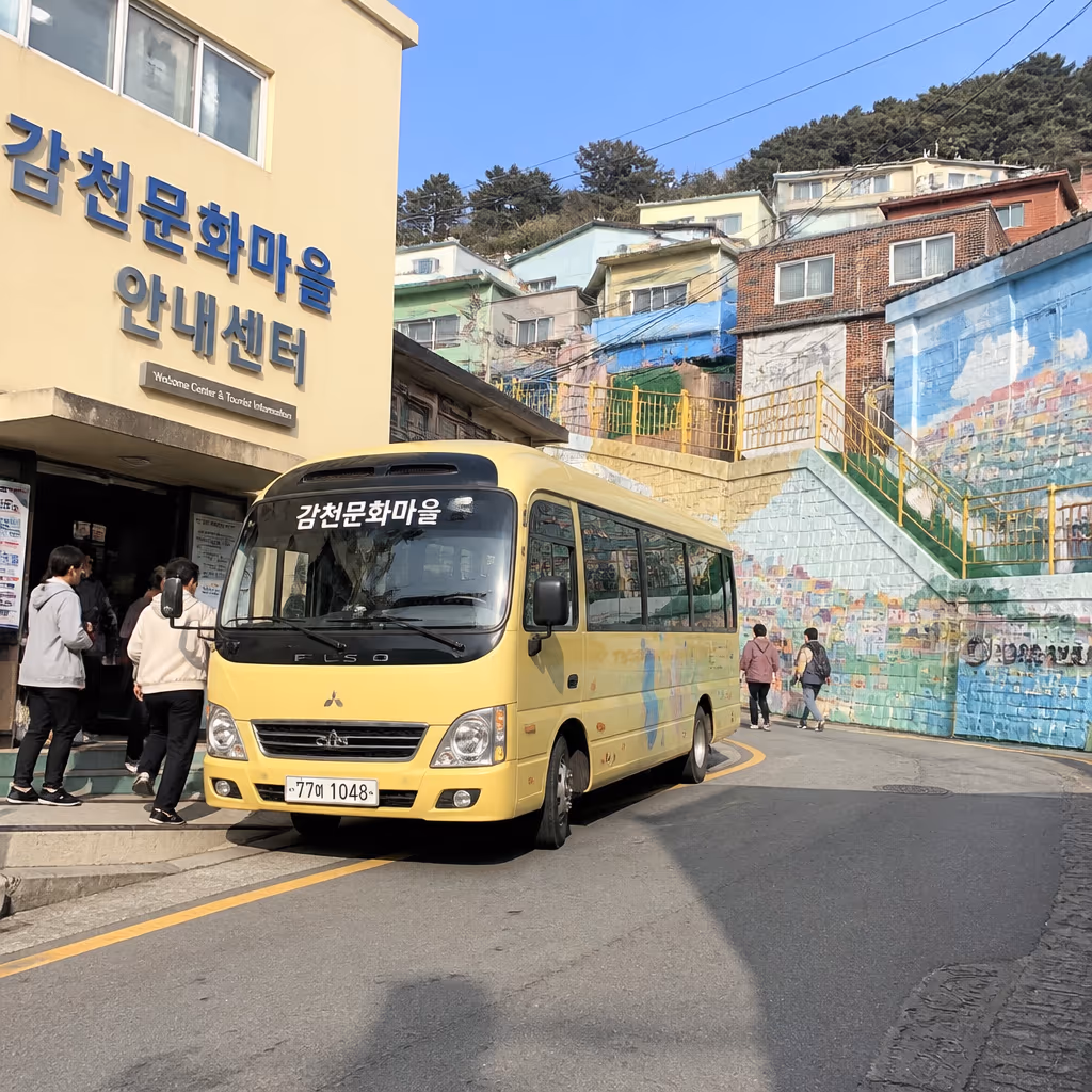 감천문화마을 안내센터 앞 마을버스 정차 컨셉, 관광객이 하차하는 마을 초입 (AI 컨셉 이미지)