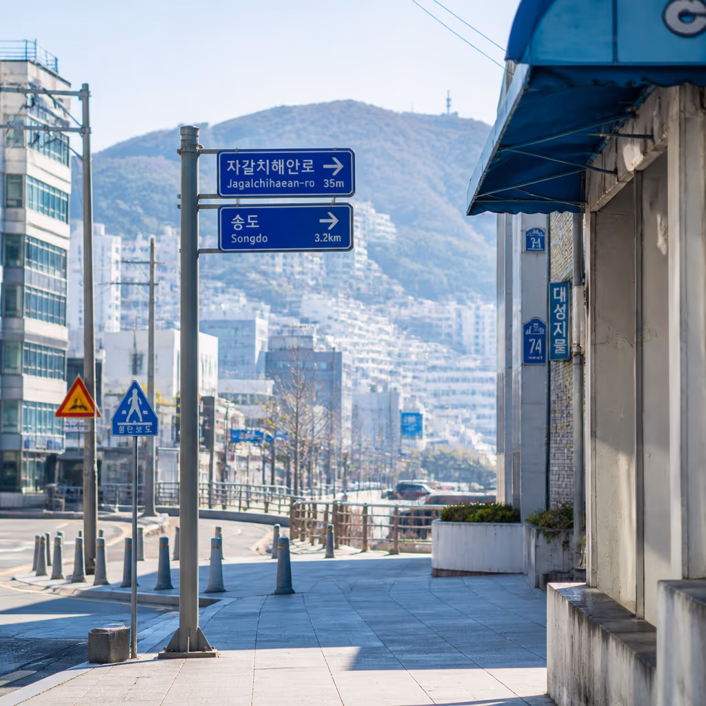 자갈치해안로 아침 골목과 송도 방향 표지판 컨셉, 낮 관광 동선 시작점 (AI 컨셉 이미지)