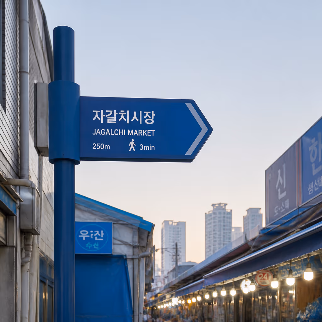 자갈치해안로 이른 시간 골목과 시장 진입 방향 표지판 컨셉, 밝은 조명 아래 밝아지는 하늘 (AI 컨셉 이미지)