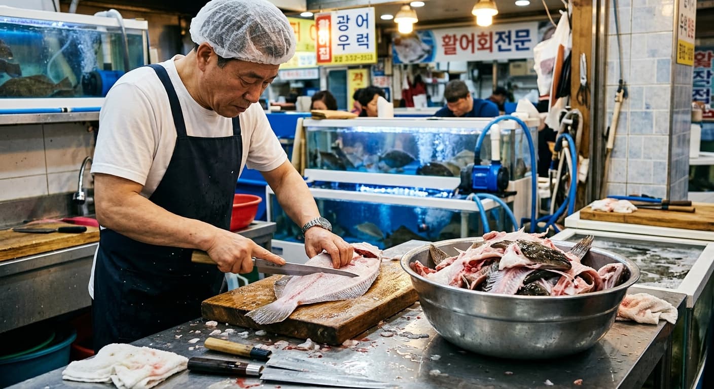 Leftover fish bones and heads after filleting, the starting point of seodeori-tang (AI-generated image for illustration)