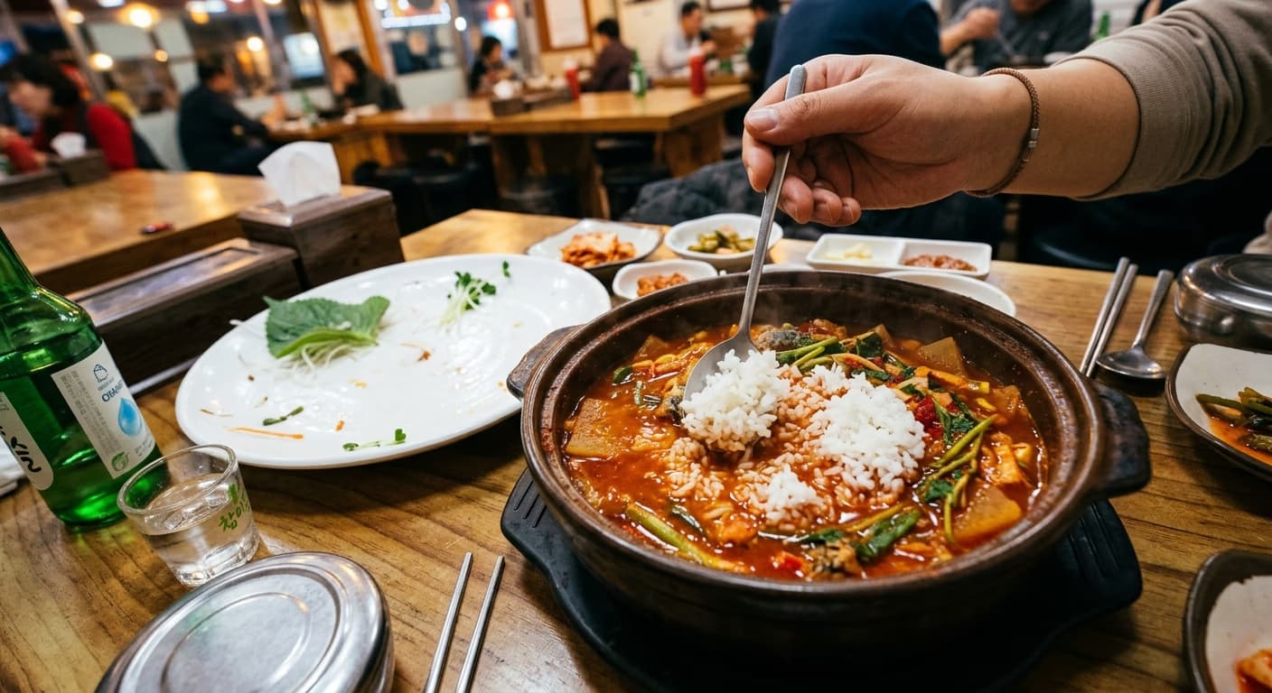 Spooning rice into a pot of hot fish stew (AI-generated image for illustration)