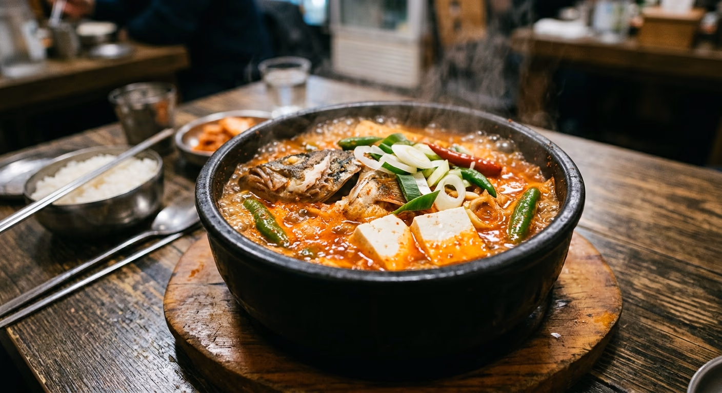 Earthen pot of seodeori-tang, Korean spicy fish stew made from sashimi bones and heads