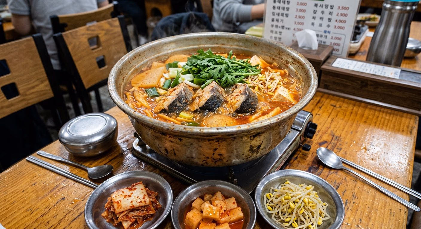 Seoul-style pollock stew (dongtae-jjigae) in an aluminum pot (AI-generated image for illustration)