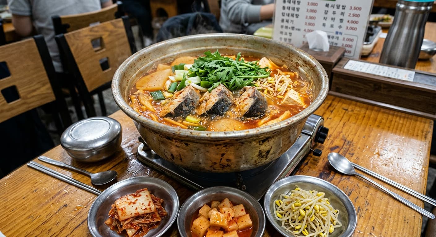 Seoul-style pollock stew (dongtae-jjigae) in an aluminum pot (AI-generated image for illustration)