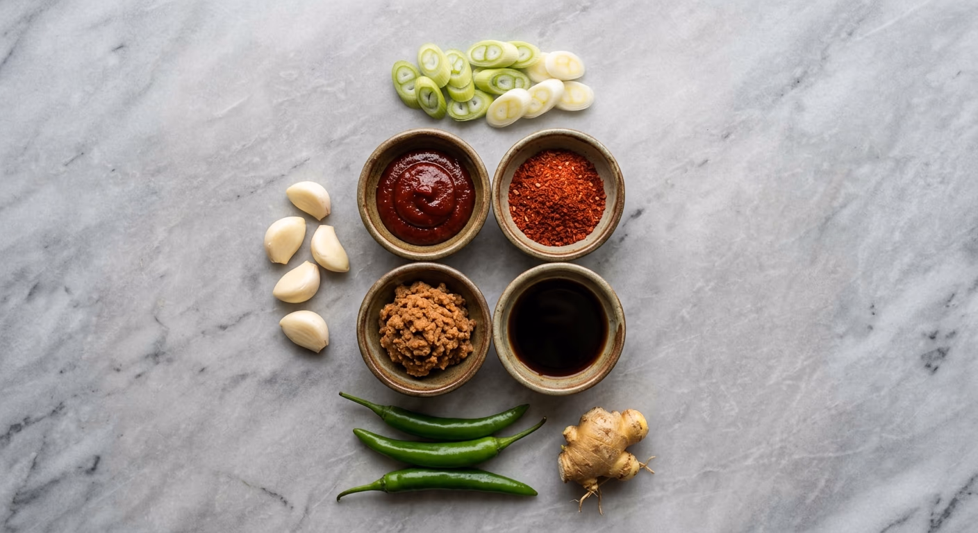 Gochujang, gochugaru, doenjang, and soy sauce, the universal Korean spicy stew seasoning set