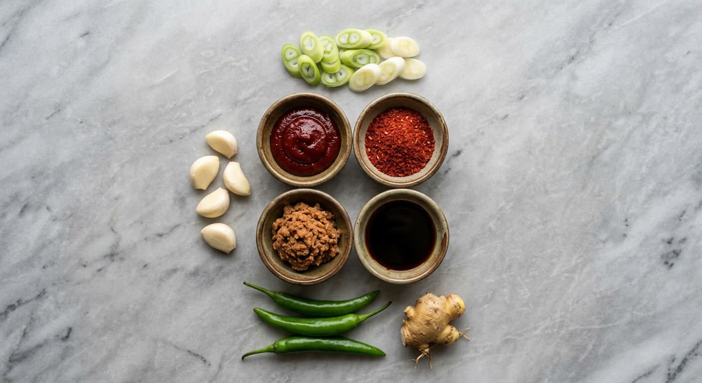 Gochujang, gochugaru, doenjang, and soy sauce, the universal Korean spicy stew seasoning set